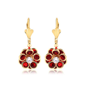 18K Gold Layered Oro Laminado Red & Blue Rhinestone Flower Design Dangle Leverback Earrings 21.0156/3/6